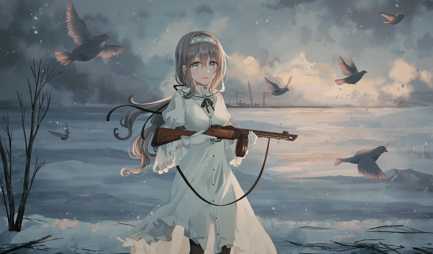 :d animal bare_tree bird black_legwear breasts chihuri cloud cloudy_sky commentary_request crane dress gloves grey_eyes gun hairband highres holding holding_gun holding_weapon long_hair long_sleeves looking_at_viewer open_mouth original outdoors overcast pantyhose ppsh-41 silver_hair sky small_breasts smile snow solo standing submachine_gun tree very_long_hair weapon white_dress white_gloves white_hairband wide_sleeves