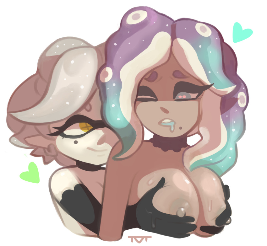 &lt;3 2018 animal_humanoid beauty_mark breast_grab breasts cephalopod cephalopod_humanoid clothing dark_skin duo ear_piercing female female/female gloves green_eyes hand_on_breast hi_res humanoid inkling marie_(splatoon) marina_(splatoon) marine naughty_face nintendo nipples octoling piercing pointy_ears splatoon sweat tentacle_hair tentacles vanilluxxxe video_games yellow_eyes