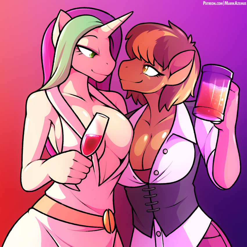 2018 absurd_res alcohol anthro beer beverage breasts cleavage clothed clothing duo equine fan_character female hi_res horn horse mammal marik_azemus34 my_little_pony pony unicorn wine