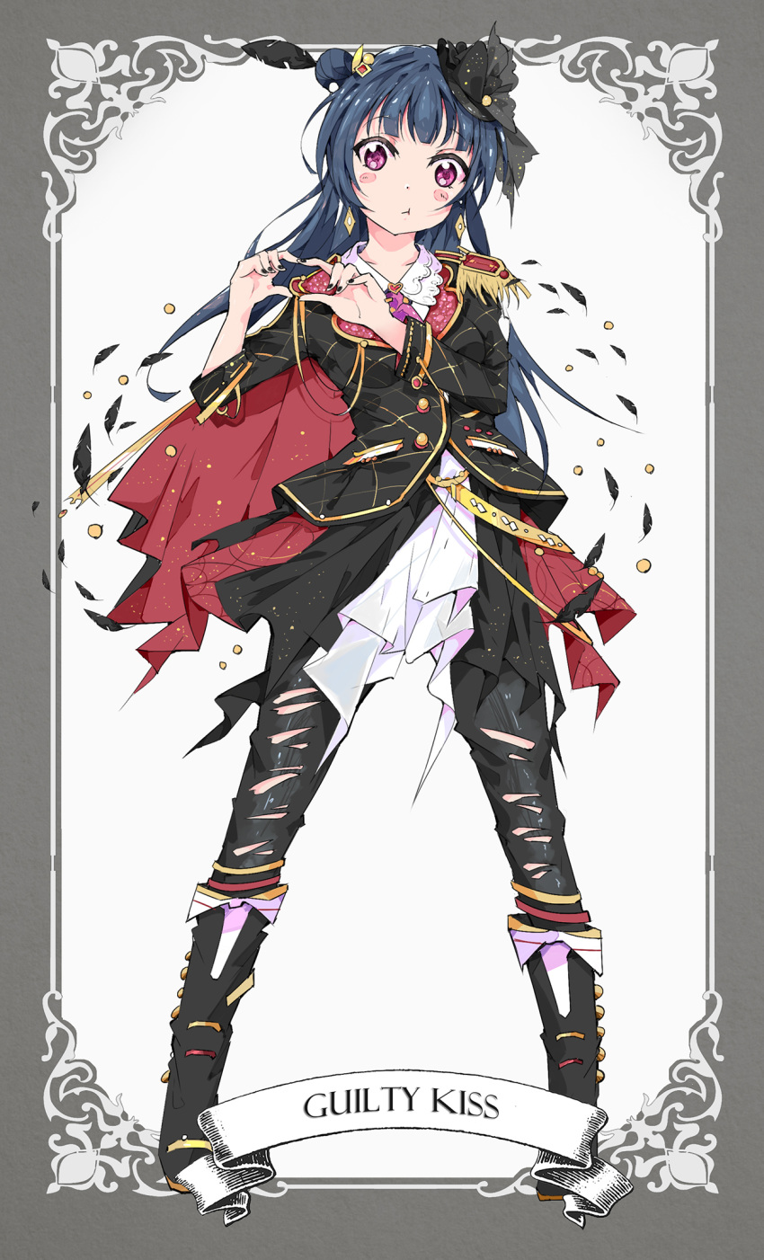 :t bangs black_feathers black_nails black_pants blue_hair blush_stickers boots border cape earrings epaulettes feathers full_body grey_border group_name hair_feathers heart heart_hands highres jewelry long_hair long_sleeves love_live! love_live!_sunshine!! nail_polish pants purple_eyes qianqian side_bun solo strap suit_jacket torn_clothes torn_pants tsushima_yoshiko
