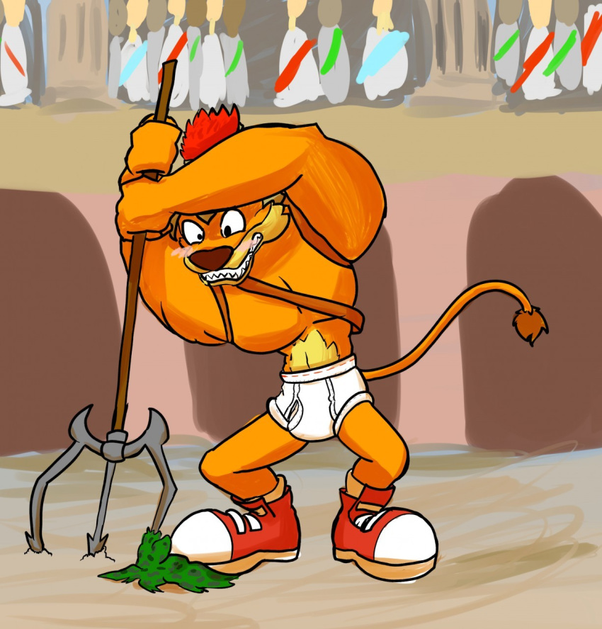 blush briefs clothing crash_bandicoot crash_bandicoot_(series) embarrassed footwear gladiator humiliation loincloth melee_weapon pitchfork polearm public public_humiliation shoes sneakers thycaline tighty_whities tiny_tiger trident underwear video_games weapon