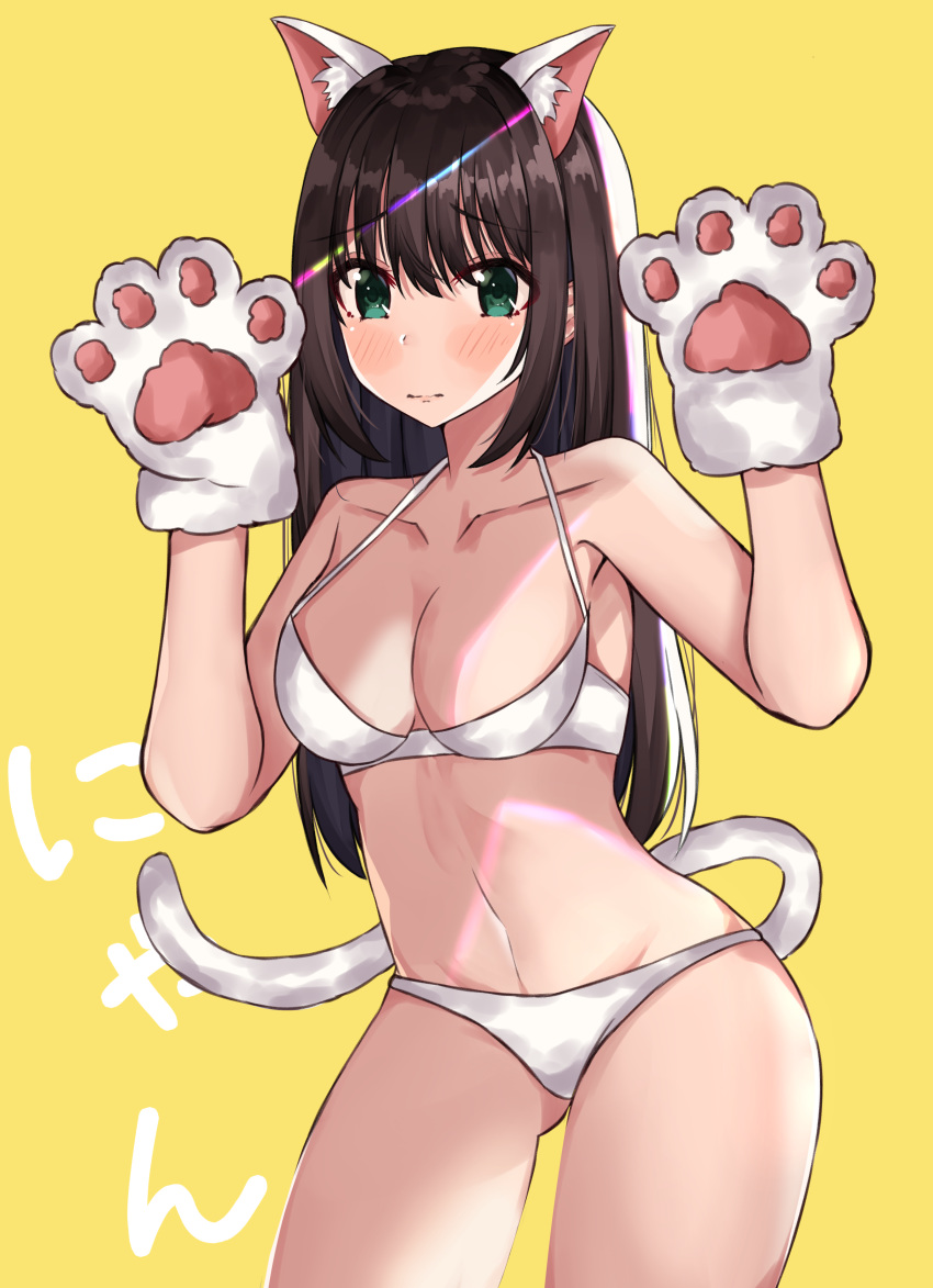 absurdres animal_ears ass_visible_through_thighs bangs blush bra breasts brown_hair cat_ears cat_girl cat_tail cleavage closed_mouth collarbone commentary_request eyebrows_visible_through_hair gloves green_eyes hair_between_eyes hands_up highres idolmaster idolmaster_cinderella_girls idolmaster_cinderella_girls_starlight_stage kemonomimi_mode long_hair looking_at_viewer medium_breasts navel norazura panties paw_gloves paws shibuya_rin simple_background solo tail underwear underwear_only very_long_hair white_bra white_panties yellow_background