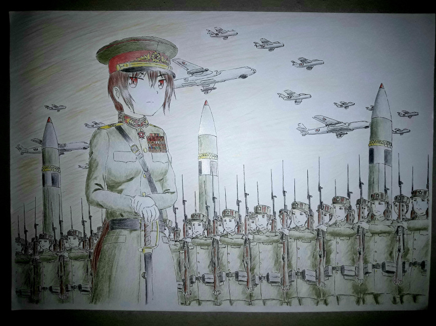 1girl aircraft airplane bayonet bomber brown_hair dictatorship hat insignia medal military military_uniform military_vehicle missile peaked_cap ponytail red_eyes saber_(weapon) standing sword thai thailand uniform war weapon