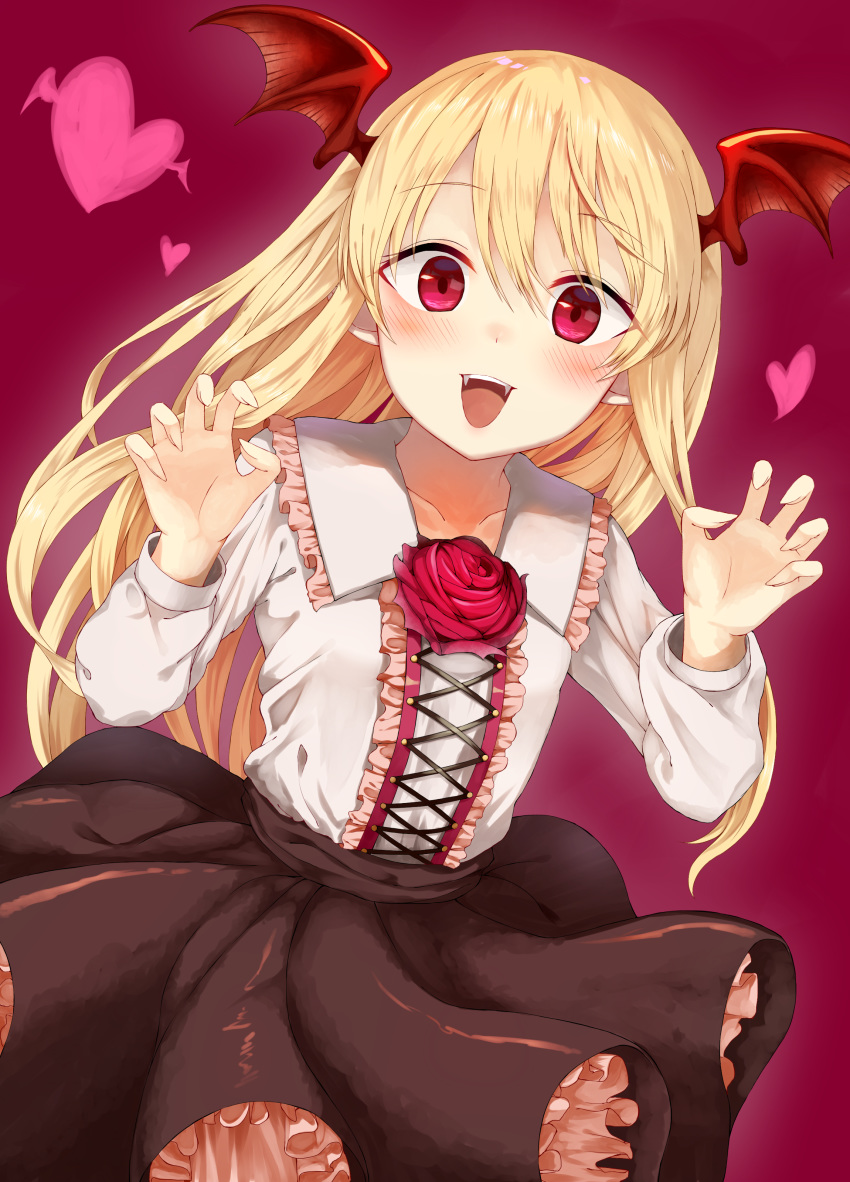 :d absurdres bangs black_skirt blonde_hair blush center_frills claw_pose collarbone collared_shirt commentary cross-laced_clothes demon_wings dutch_angle eyebrows_visible_through_hair fang fingernails flower frilled_shirt_collar frills hands_up head_wings heart highres long_fingernails long_hair long_sleeves looking_at_viewer open_mouth pink_background pink_flower pink_frills pink_rose pointy_ears raised_eyebrows red_eyes rose shadowverse sharp_fingernails shingeki_no_bahamut shirt simple_background skirt smile solo vampire vampy white_shirt wings yamato_(muchuu_paradigm)