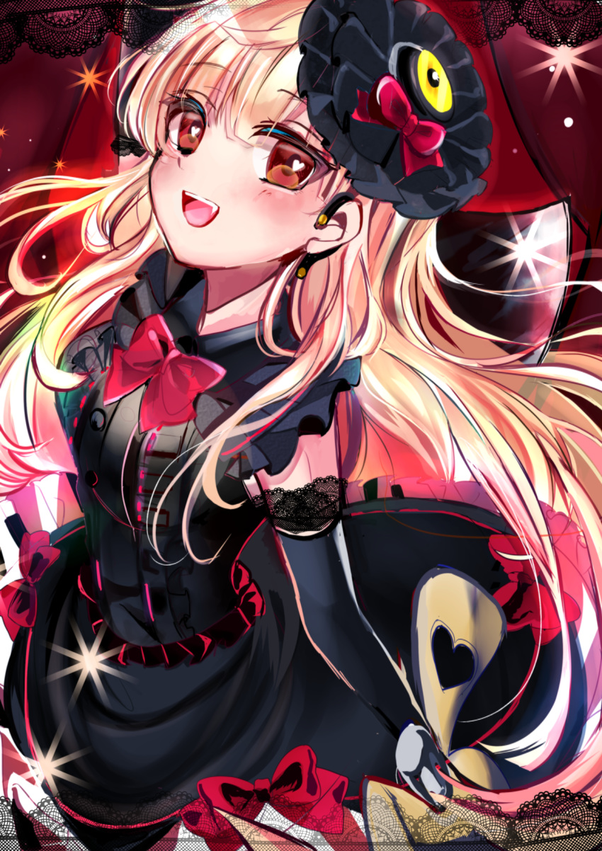 :d arm_up axe behind_back black_dress black_gloves blonde_hair blush bow bowtie dress elbow_gloves fang floating_hair gloves gothic_lolita hair_ornament heart heart-shaped_pupils highres holding holding_weapon lolita_fashion long_hair looking_at_viewer mayu_(vocaloid) open_mouth raiyo_(pixiv16261673) red_bow red_eyes short_dress sleeveless sleeveless_dress smile solo symbol-shaped_pupils very_long_hair vocaloid weapon