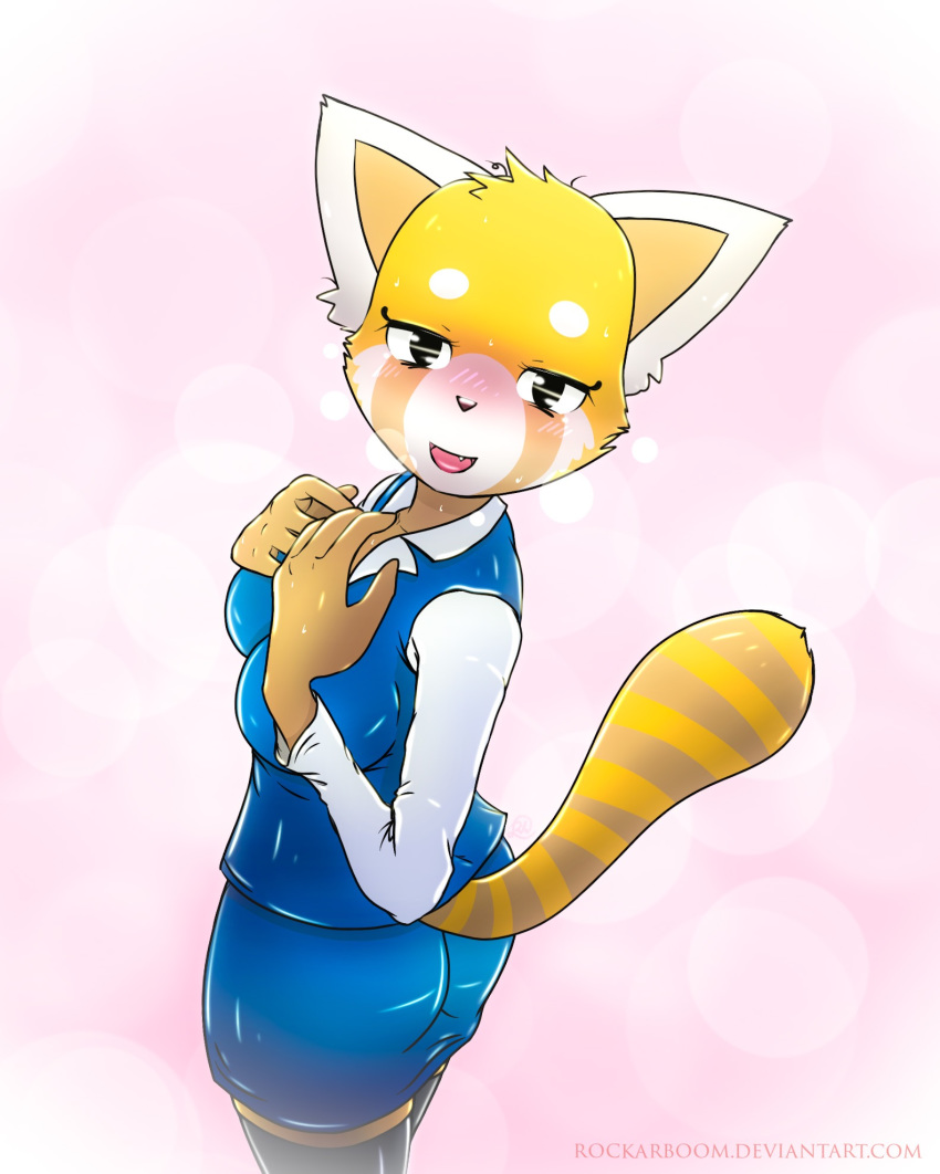 aggressive_retsuko alternate_form anthro blush breasts brown_fur clothed clothing digital_media_(artwork) female fully_clothed fur happy hi_res looking_at_viewer mammal multicolored_fur open_mouth open_smile orange_fur red_panda retsuko rockarboom sanrio simple_background smile solo standing striped_fur stripes sweat text url white_fur