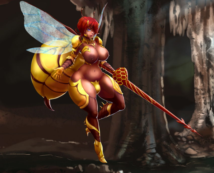 animal_humanoid arthropod big_breasts breasts bulge dickgirl hair hair_over_eye humanoid insect insect_humanoid intersex majalis mammal nipples red_hair solo stinger tales_of_androgyny thick_thighs wasp weapon winged_humanoid wings