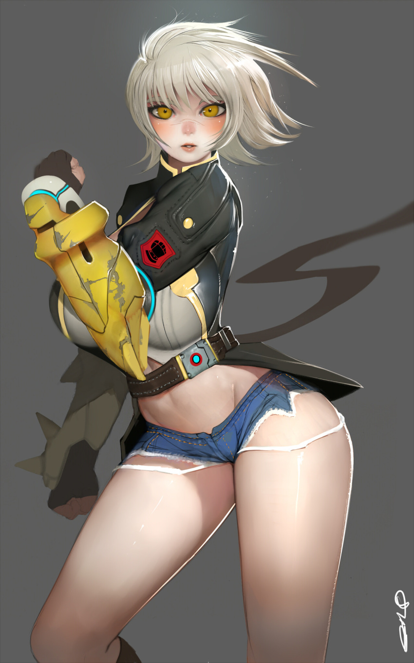 arm_guards armor asian bangs belt blazblue blazblue:_chronophantasma blue_shorts breasts bullet_(blazblue) cutoffs denim denim_shorts eyes fingerless_gloves gloves high_belt high_collar highres jacket large_breasts looking_at_viewer loose_belt micro_shorts midriff navel parted_lips randy_(awesomevillage) scar short_hair shorts silver_hair solo thick_thighs thighs very_short_hair yellow_eyes