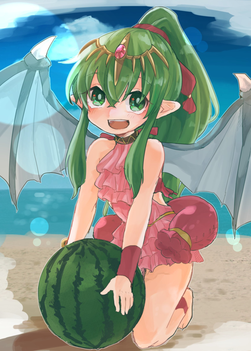 beach blue_sky chiki commentary_request day dragon_wings fire_emblem fire_emblem:_monshou_no_nazo fire_emblem_heroes food fruit green_eyes green_hair hair_ribbon highres long_hair mamkute matumuraaaa open_mouth pink_swimsuit pointy_ears ponytail red_ribbon ribbon sky solo swimsuit tiara watermelon wings