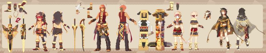 absurdres add_(elsword) barefoot chung_seiker claws design elsword elsword_(character) facepaint facial_mark feathers gloves highres jewelry long_image multiple_boys navel necklace pants purple_eyes raven_(elsword) scorpion5050 smile tail totem_pole tribal weapon wide_image