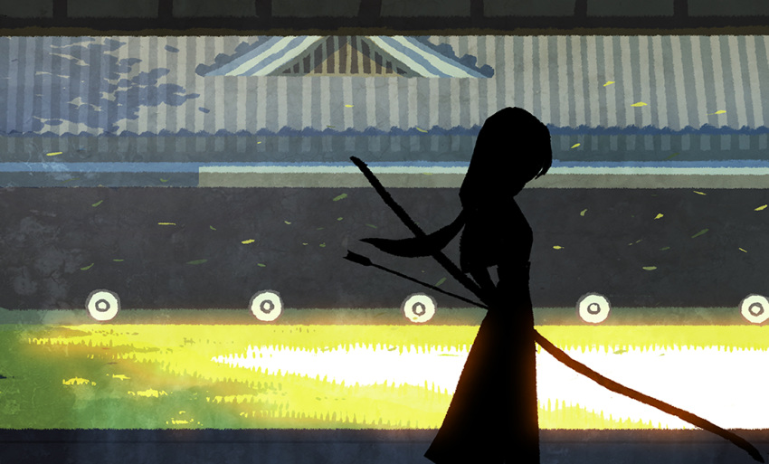 archery archery_dojo architecture arrow bow_(weapon) dappled_sunlight grass hakama_skirt holding holding_bow_(weapon) holding_weapon hyogonosuke kyuudou leaf long_hair love_live! love_live!_school_idol_project low-tied_long_hair no_lineart outdoors shadow silhouette skirt solo sonoda_umi standing sunlight target weapon wind