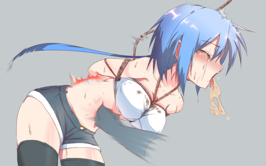 1girl amasaki_ryouko arms_behind_back artist_request blank_blood blue_hair bound bound_arms breasts cracklecradle drooling eyes_closed helpless leaning leaning_forward long_hair medium_breasts midriff open_mouth ponytail punching restrained ryona saliva shorts stomach_punch strapless sweat tears tongue tongue_out tubetop very_long_hair vomit white_tubetop