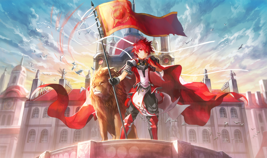 armor armored_boots bird boots city cloak elsword elsword_(character) flag highres lion lord_knight_(elsword) red_eyes red_hair scorpion5050 shoulder_armor sky standard_bearer