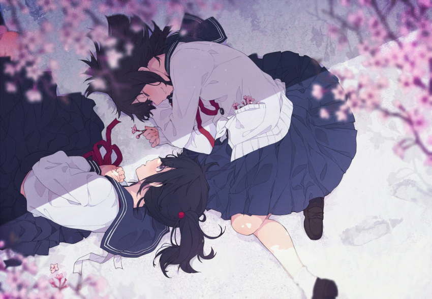 black_footwear black_hair blue_skirt blurry blurry_foreground cherry_blossoms commentary_request depth_of_field flower from_above highres looking_at_another lying multiple_girls neck_ribbon ogipote on_side original parted_lips pleated_skirt red_ribbon ribbon school_uniform serafuku skirt smile