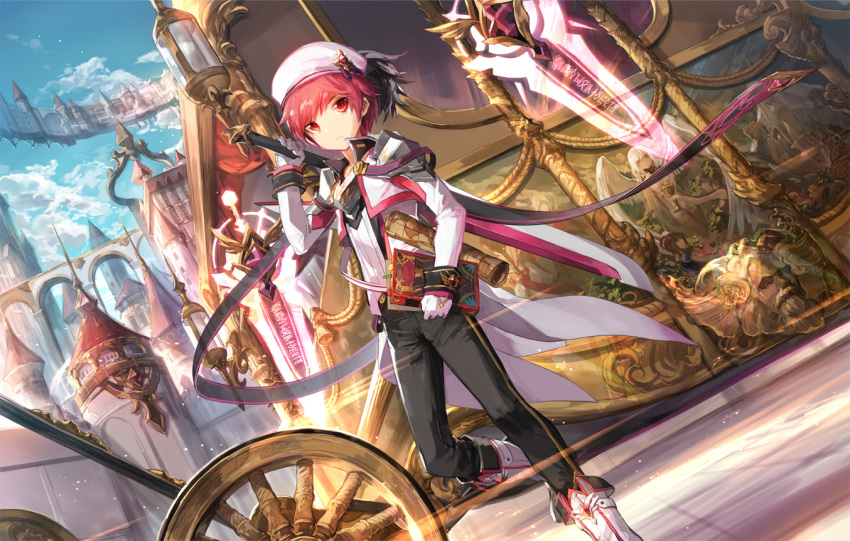 book cityscape day elsword elsword_(character) energy_gun grail hat holding map painting_(object) red_eyes red_hair scorpion5050 shoulder_armor sky standing sword weapon wheel wings