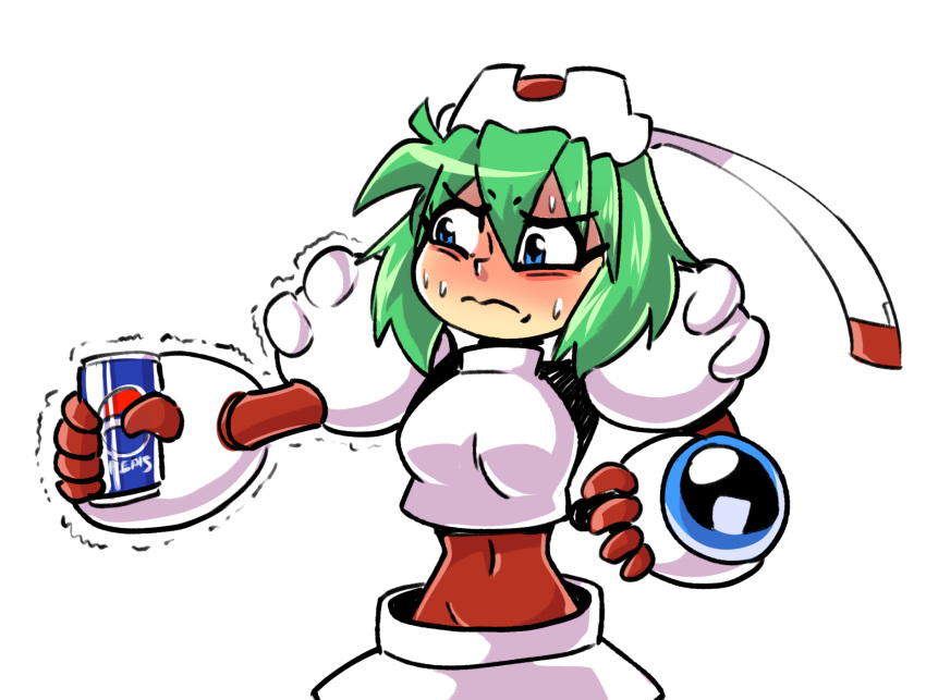 anaugi android armor blue_eyes breastplate can closed_mouth covered_navel eyebrows_visible_through_hair gloves green_hair hair_between_eyes hands_up hat highres holding holding_can marina_liteyears outstretched_arm pauldrons pepsi short_hair simple_background soda_can solo sweat sweating_profusely trembling upper_body white_background yuke_yuke!!_trouble_makers