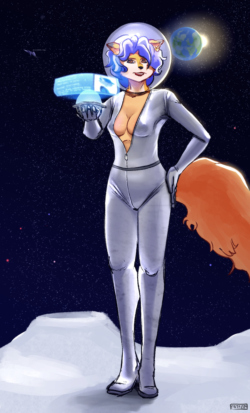 2018 anthro arwing breasts canine carmelita_fox cleavage clothed clothing ear_piercing earth english_text female fox hologram male mammal moon nintendo piercing procyonid raccoon sly_cooper sly_cooper_(series) space spacecraft spacesuit star star_fox sun text tgtf234 vehicle video_games