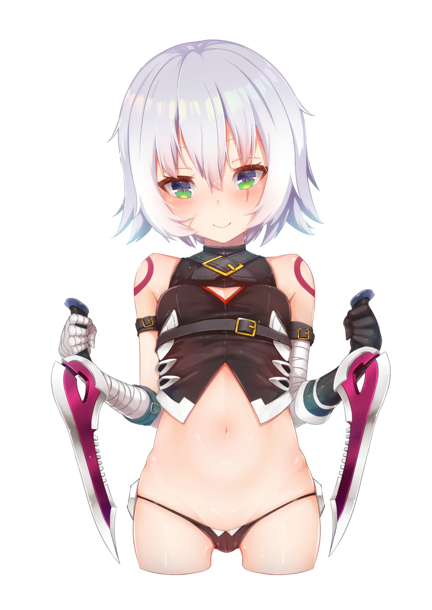 bandaged_arm bandages bangs bare_shoulders black_gloves black_panties black_shirt blush breasts cameltoe closed_mouth commentary_request cropped_legs dagger dual_wielding eyebrows_visible_through_hair facial_scar fate/grand_order fate_(series) gloves green_eyes hair_between_eyes hands_up highres holding holding_dagger holding_weapon jack_the_ripper_(fate/apocrypha) navel panties scar scar_across_eye scar_on_cheek shirt shoulder_tattoo silver_hair simple_background single_glove sleeveless sleeveless_shirt small_breasts smile solo tattoo underwear weapon white_background yaosera