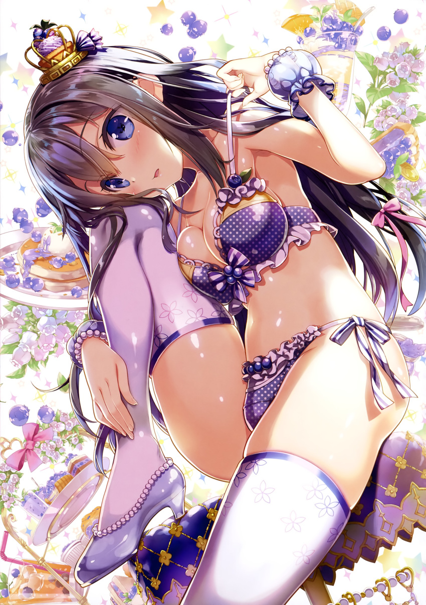 absurdres armpits ass bare_shoulders blue_bra blue_eyes blue_footwear blue_panties blueberry blush bra bracelet breast_press breasts cake chair cleavage collarbone copyright_request crown cup drinking_straw eyebrows_visible_through_hair fingernails floral_print flower flower_request food frilled_bra frilled_panties frills fruit fujima_takuya glass_slipper hair_between_eyes hair_ribbon hand_on_ankle head_on_knee high_heels highres ice ice_cream ice_cube jewelry juice knee_up light_brown_hair long_hair looking_at_viewer mini_crown navel official_art orange_juice panties parted_lips pearl_bracelet pink_lips pink_ribbon plate polka_dot polka_dot_bra polka_dot_panties print_legwear ribbon scan see-through shiny shiny_hair side-tie_panties skindentation solo sparkle_background star starry_background strap_pull thighhighs tilted_headwear tongue underwear underwear_only white_background white_flower white_frills white_legwear white_polka_dots