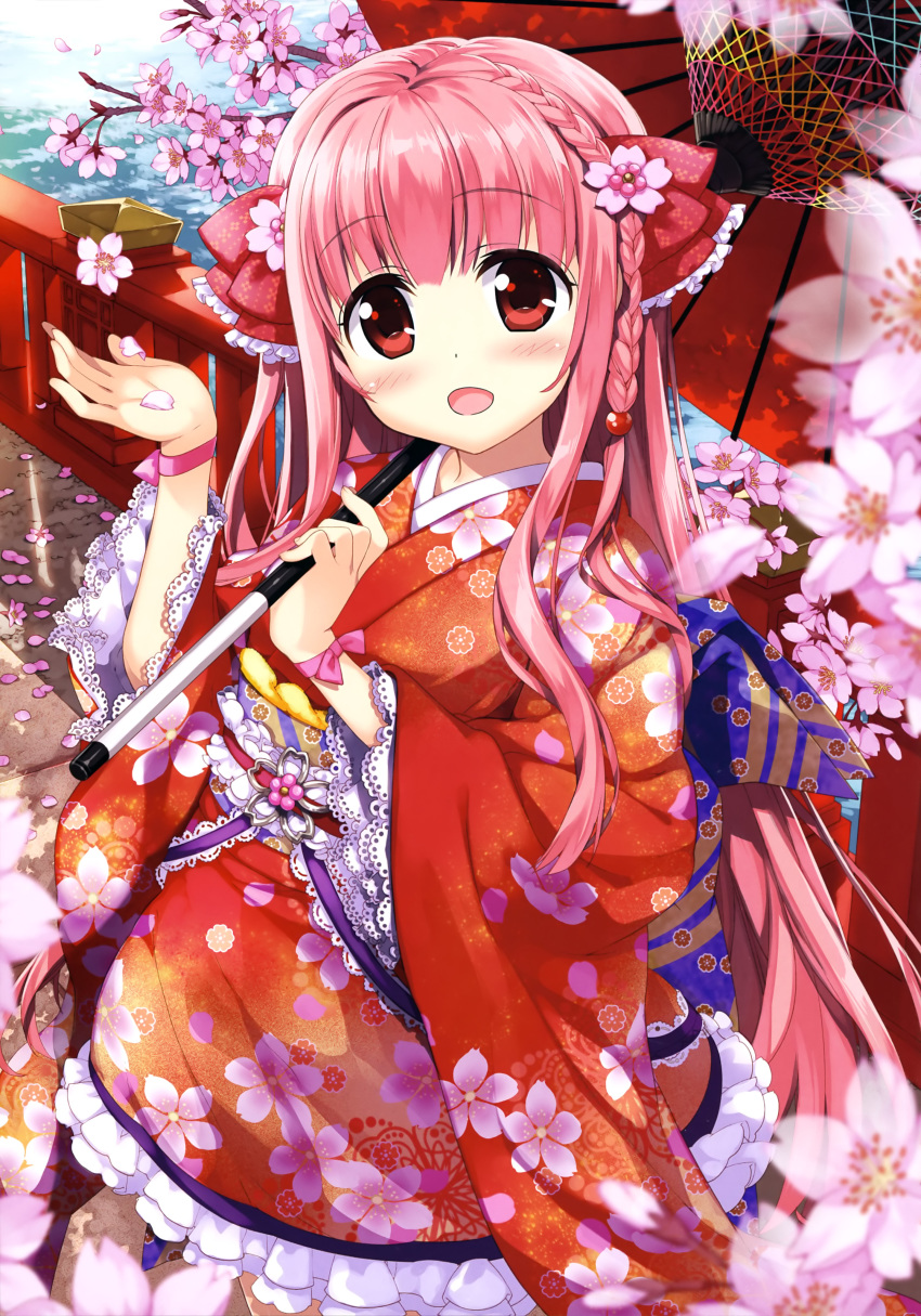 :d absurdres blue_sash blush bow braid bridge cherry_blossoms copyright_request day diagonal-striped_sash diagonal_stripes eyebrows_visible_through_hair eyes_visible_through_hair floral_print flower frilled_bow frilled_kimono frills fujima_takuya hair_bow hair_flower hair_ornament highres holding holding_umbrella japanese_clothes kimono looking_at_viewer obi official_art open_mouth outdoors pink_flower pink_hair pink_ribbon print_bow print_kimono print_sash red_bow red_eyes red_kimono red_umbrella ribbon sash scan single_braid smile solo standing striped striped_sash tongue umbrella water white_frills wrist_ribbon
