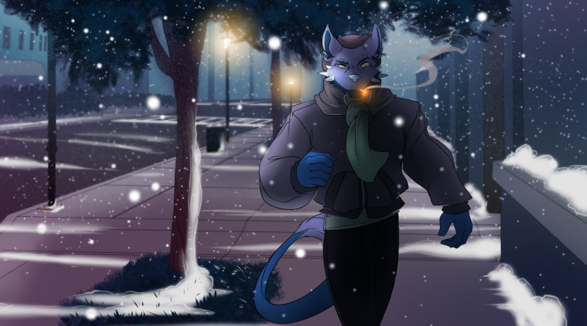 blue_fur canine city clothed clothing dragon fur gulf hybrid male mammal outside scarf smoke smoking snow spikes standing tanks_(artist) tree winter wolf yellow_eyes