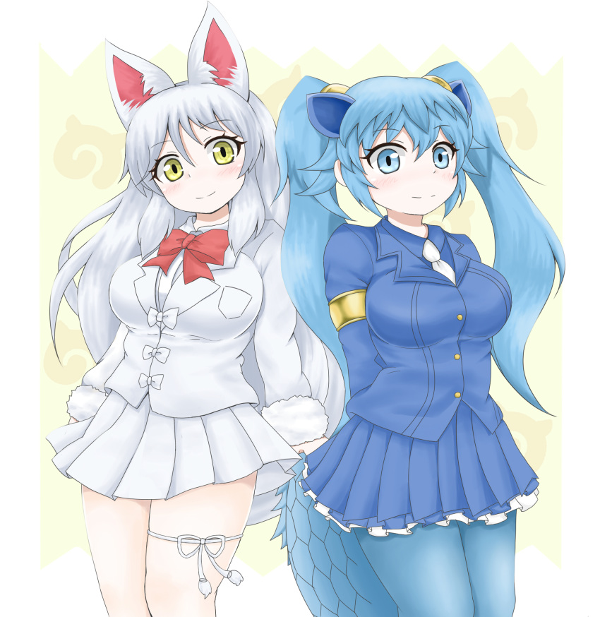 2018 animal_humanoid armband big_breasts biped blue_clothing blue_eyes blue_hair blue_scales blue_tail blush bow_tie breasts canine clothing cocohasi digital_drawing_(artwork) digital_media_(artwork) dragon_humanoid duo eyelashes female fox_humanoid front_view hair half-length_portrait hands_behind_back hi_res humanoid inari_ōkami japanese japanese_mythology kemono_friends leggings legwear light_skin long_hair looking_at_viewer mammal mythology necktie oinari-sama_(kemono_friends) pigtails pleated_skirt portrait scales scalie seiryu_(kemono_friends) side_by_side simple_background skirt smile standing suit tan_skin white_hair white_tail yellow_background yellow_eyes