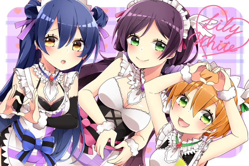 bangs blue_hair blush commentary_request detached_sleeves earrings eyebrows_visible_through_hair green_eyes heart heart_hands hoshizora_rin jewelry lily_white_(love_live!) long_hair love_live! love_live!_school_idol_project low_twintails maid maid_apron maid_headdress mogyutto_"love"_de_sekkin_chuu! multiple_girls one_side_up open_mouth orange_hair pink_scrunchie purple_hair scrunchie shizuku_(puti_0414) smile sonoda_umi toujou_nozomi twintails yellow_eyes