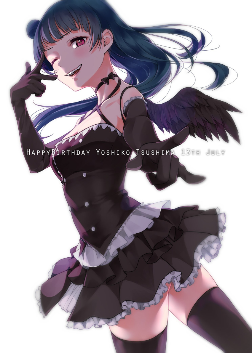 \m/ bangs black_choker black_gloves black_legwear black_shirt black_skirt black_wings blue_hair character_name choker commentary_request criss-cross_halter dated double-breasted elbow_gloves feathered_wings from_side gloves halterneck happy_birthday highres kate_iwana long_hair looking_at_viewer love_live! love_live!_sunshine!! one_eye_closed open_mouth outstretched_arm purple_eyes shirt side_bun simple_background skirt smile solo thighhighs tsushima_yoshiko w_over_eye white_background wings