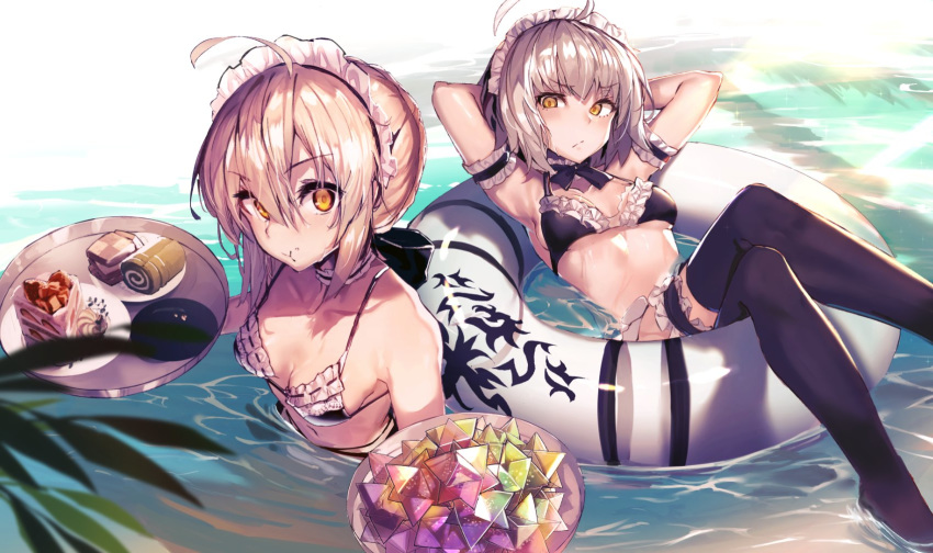 ahoge akieda arm_garter armpits arms_behind_head artoria_pendragon_(all) artoria_pendragon_(swimsuit_rider_alter) artoria_pendragon_(swimsuit_rider_alter)_(cosplay) bangs bikini black_bikini black_bow black_legwear blonde_hair blush bow braid breasts cake checkerboard_cookie cleavage closed_mouth collarbone commentary_request cookie cosplay day detached_collar eating eyebrows_visible_through_hair fate/grand_order fate_(series) food french_braid frilled_bikini frills frown hair_between_eyes hair_bow highres holding holding_tray innertube jeanne_d'arc_(alter)_(fate) jeanne_d'arc_(fate)_(all) leaf leg_garter looking_at_viewer maid maid_bikini maid_headdress medium_breasts multiple_girls navel ocean outdoors pastry saber_alter saint_quartz short_hair silver_hair slice_of_cake strawberry_shortcake swimsuit swiss_roll thighhighs tray water yellow_eyes