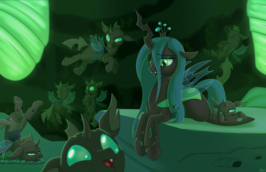 2018 changeling digital_media_(artwork) dmann892 drone_(mlp) eyes_closed fangs female feral flying friendship_is_magic green_eyes group hair half-closed_eyes hole_(anatomy) horn long_hair male my_little_pony open_mouth queen_chrysalis_(mlp) wings young