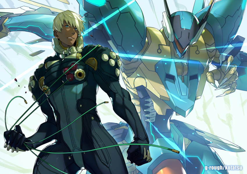 blonde_hair blue_eyes bodysuit claws clenched_hands clenched_teeth dark_skin dark_skinned_male dingo_egret highres holding jehuty kotatsu_(g-rough) looking_at_viewer male_focus mecha pilot_suit signature silver_hair solo standing teeth zone_of_the_enders_2