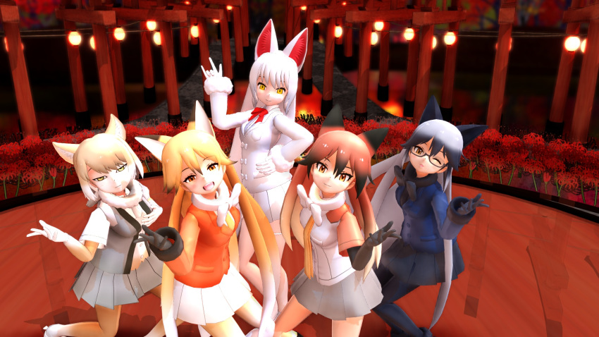 2017 3d_(artwork) 5_fingers animal_humanoid armwear biped black_clothing black_hair blue_clothing bow_tie breasts canine clothing devil_horns digital_media_(artwork) dipstick_ears elbow_gloves eyelashes eyewear ezo_red_fox_(kemono_friends) female flower fox_humanoid front_view frown glasses gloves grey_clothing grey_hair group hair half-closed_eyes hand_on_hip head_tilt hi_res humanoid humanoid_hands inari_ōkami japanese japanese_mythology kemono_friends kneeling lantern leaning legwear light_skin long_hair looking_at_viewer mammal medium_breasts mmd multicolored_hair mythology necktie oinari-sama_(kemono_friends) open_mouth open_smile orange_clothing orange_eyes orange_hair outside plant pleated_skirt pose red_fox_(kemono_friends) red_hair scarf short_hair silver_fox_(kemono_friends) skirt smile spider_lily standing suit tan_hair tan_skin thigh_highs tibetan_sand_fox_(kemono_friends) torii white_clothing white_hair yellow_eyes とぼっけ