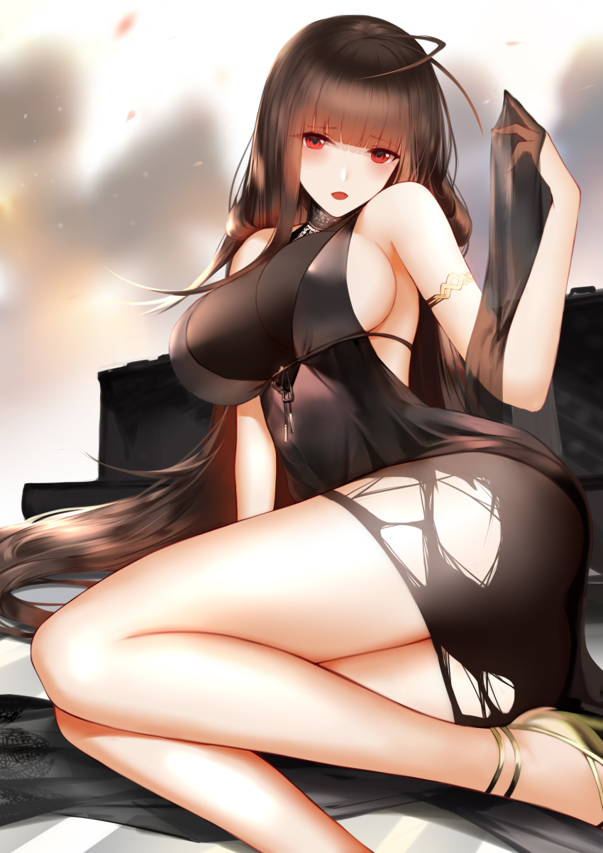 1girl absurdres ahoge alternate_costume armlet ass bangs black_panties black_shawl blunt_bangs blush breasts brown_hair cleavage commentary dress dsr-50_(girls_frontline) eyebrows_visible_through_hair eyes_visible_through_hair girls_frontline gold_footwear grey_background hair_between_eyes hand_up higandgk high_heels highres large_breasts long_hair looking_at_viewer open_mouth panties red_eyes see-through sideboob sitting smile solo thighs torn_clothes torn_dress two-tone_background underwear very_long_hair white_background