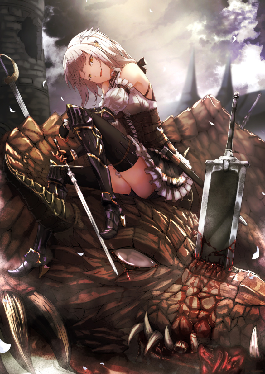 1girl armored_boots black_legwear blood blurry blurry_background boots corset detached_sleeves dragon earrings fantasy fingerless_gloves frilled_skirt frills gloves hair_ornament head_tilt highres jewelry long_hair looking_at_viewer namako_(namacotan) open_mouth original pointy_ears shorts shorts_under_skirt sitting skirt solo thighhighs tower white_hair yellow_eyes