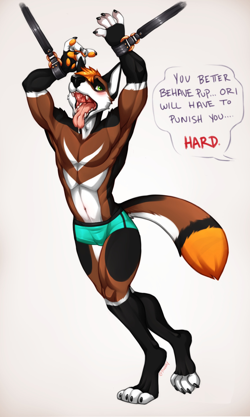 anthro bdsm blush bondage bound briefs canine clothing dialogue english_text fox male mammal muscular muscular_male open_mouth saliva solo spazzyhusky standing text tongue tongue_out underwear