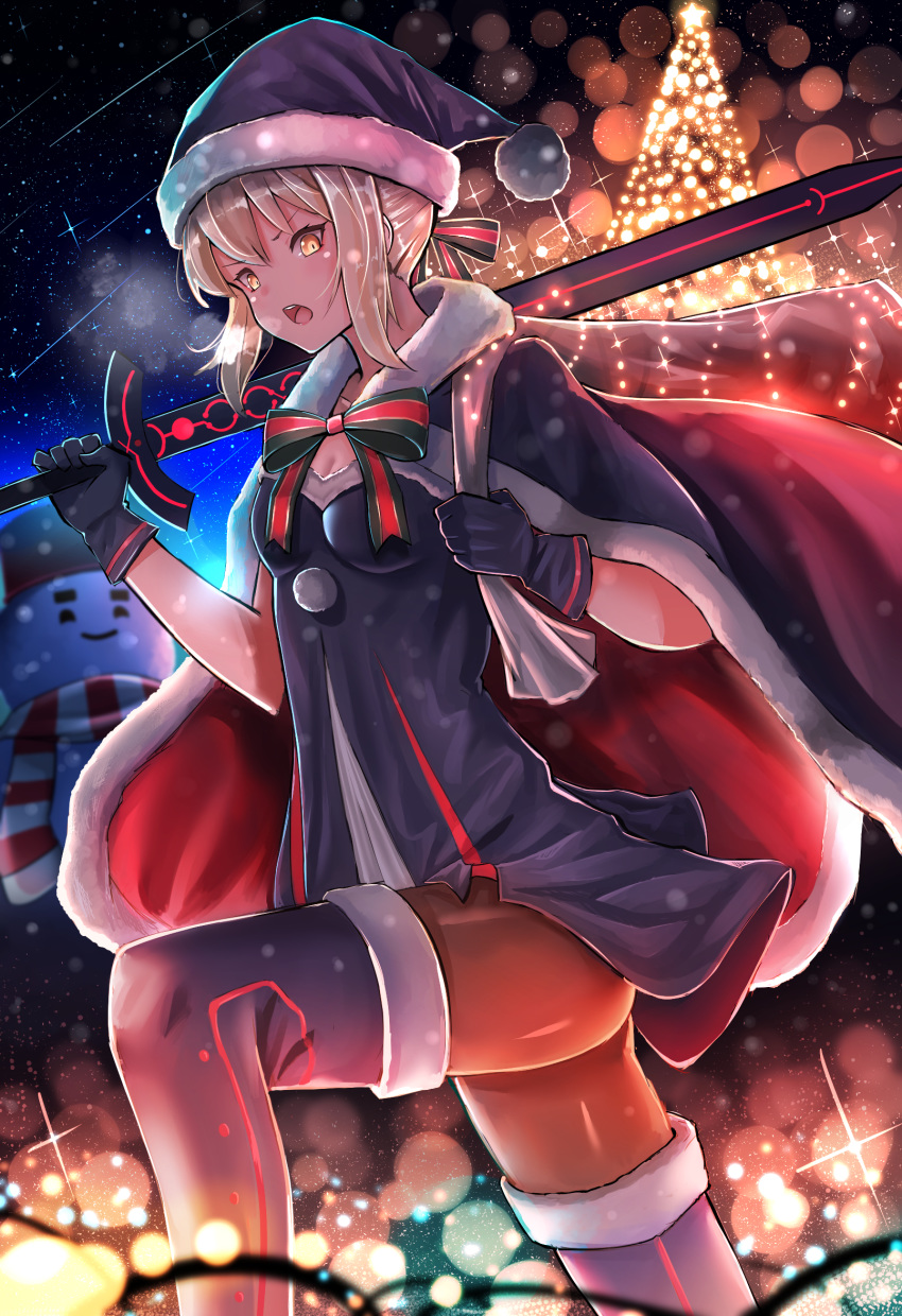 1girl alternate_costume artoria_pendragon_(all) bag bangs black_legwear blonde_hair boots box breasts cape christmas christmas_garland christmas_tree dark_excalibur excalibur fate/grand_order fate_(series) fur_trim garland_(decoration) gift gift_box gloves hat highres holding holding_sword holding_weapon looking_at_viewer pantyhose pasoputi ribbon saber saber_alter santa_alter santa_costume santa_hat short_hair sky small_breasts solo star star_(sky) starry_sky sword thighhighs weapon yellow_eyes