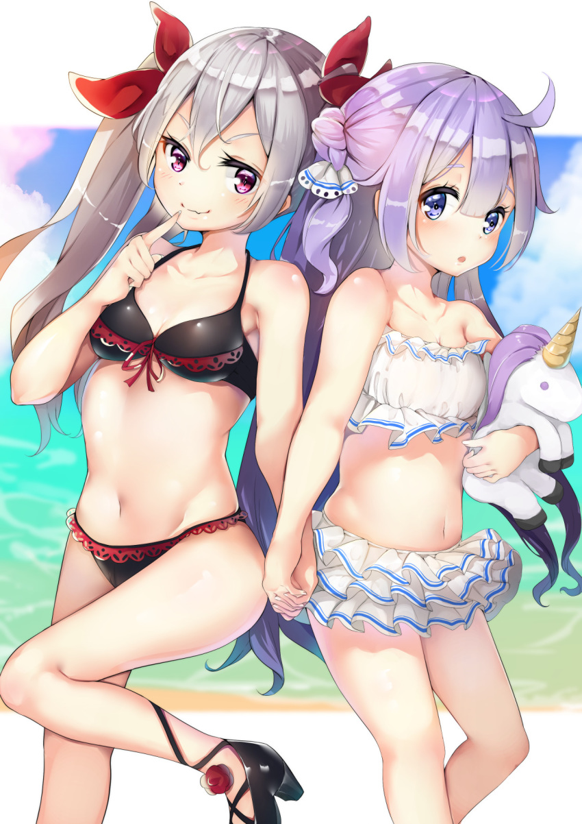 azur_lane beach blue_eyes blurry blurry_background breasts cloud collarbone commentary_request finger_to_mouth hair_ribbon highres holding_hands legs long_hair looking_at_viewer multiple_girls namesake navel ocean purple_hair red_eyes ribbon sand silver_hair sky small_breasts sora_(pixiv_32463296) stuffed_alicorn stuffed_animal stuffed_toy swimsuit thighs unicorn_(azur_lane) vampire_(azur_lane)