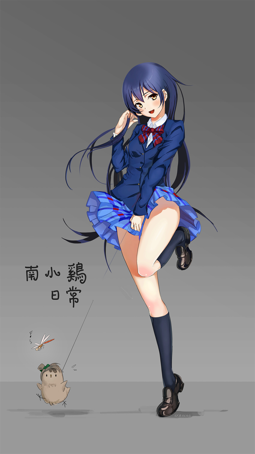 :d bangs blazer blue_hair blush body_blush bow bowtie commentary english_commentary eyebrows_visible_through_hair full_body hand_in_hair highres jacket leg_up loafers long_sleeves looking_at_viewer love_live! love_live!_school_idol_project minami_kotori_(bird) musical_note open_mouth otonokizaka_school_uniform plaid plaid_skirt pleated_skirt red_neckwear school_uniform shoes simple_background skirt skirt_tug smile solo sonoda_umi striped striped_neckwear ushas wind wind_lift yellow_eyes