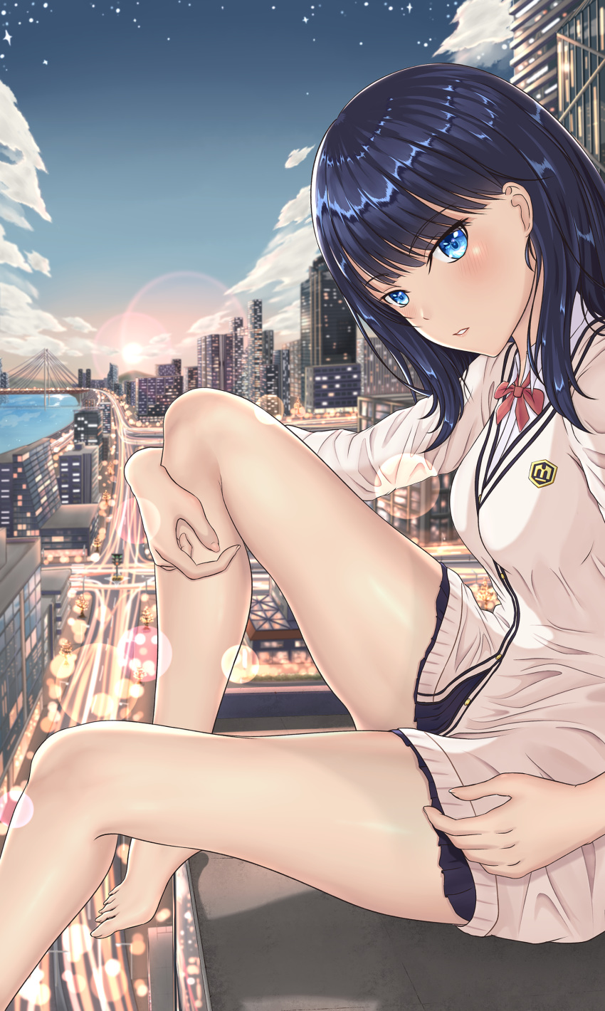 1girl absurdres barefoot black_skirt blue_eyes blue_hair blush breasts bridge building cloud cloudy_sky commentary eyebrows_visible_through_hair feet hand_on_own_leg highres legs lens_flare ling looking_at_viewer night night_sky orange_scrunchie parted_lips red_ribbon ribbon river school_uniform scrunchie skirt sky skyline skyscraper small_breasts ssss.gridman sunset takarada_rikka thighs traditional_media watercolor_pencil_(medium) white_cardigan wrist_scrunchie
