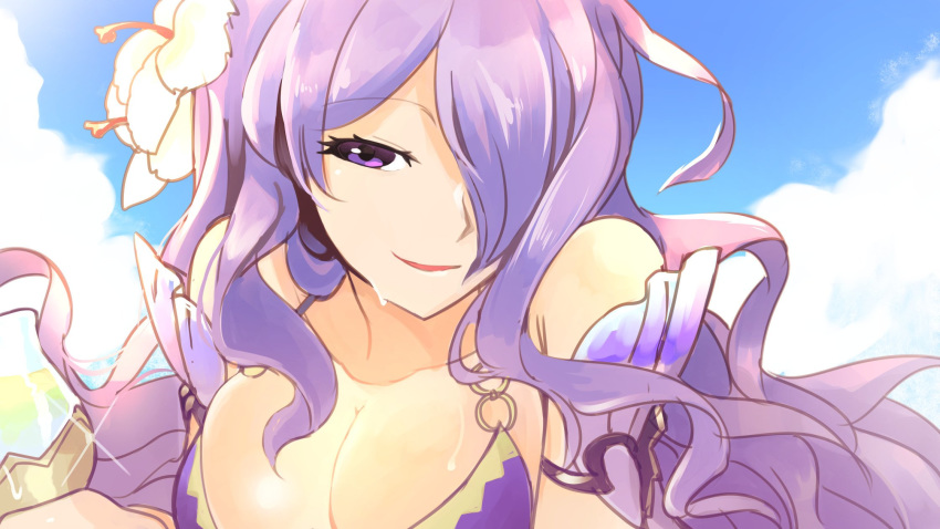 blue_sky breasts camilla_(fire_emblem_if) cloud commentary cup day drinking_glass fire_emblem fire_emblem_heroes fire_emblem_if flower hair_flower hair_ornament hair_over_one_eye highres large_breasts long_hair nakabayashi_zun parted_lips purple_eyes purple_hair sky solo swimsuit