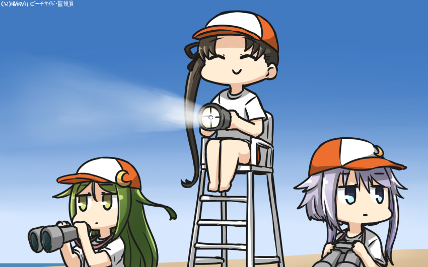 ^_^ alternate_costume ayanami_(kantai_collection) blue_eyes brown_hair closed_eyes commentary crescent crescent_hair_ornament dated flashlight green_eyes green_hair hair_ornament hamu_koutarou hat highres holding holding_flashlight kantai_collection long_hair multiple_girls nagatsuki_(kantai_collection) purple_hair remodel_(kantai_collection) shirt short_hair_with_long_locks short_sleeves side_ponytail sitting smile white_shirt yayoi_(kantai_collection)