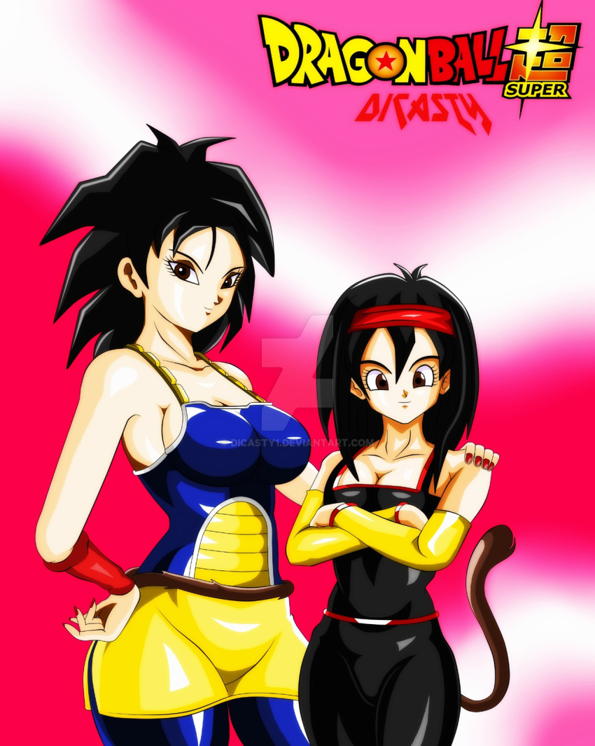 2girls armor black_eyes black_hair bodysuit breasts crossed_arms dicasty dragon_ball dragon_ball_super female gine hand_on_hip long_hair looking_at_viewer multiple_girls saiyan tail wide_hips