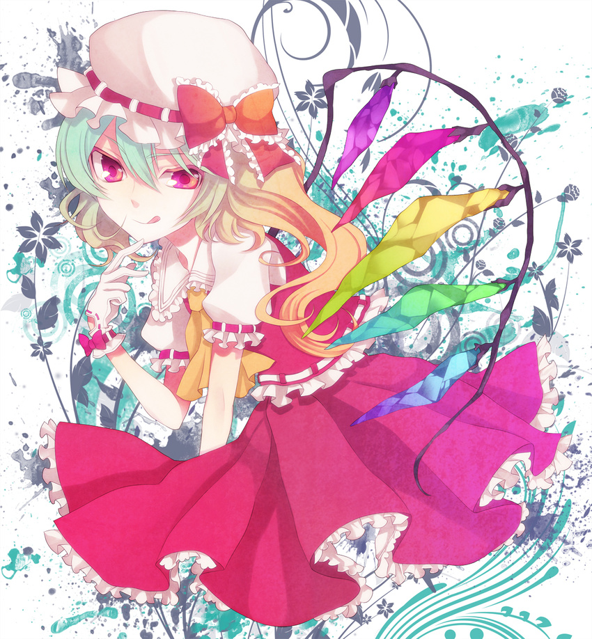:q bad_id bad_pixiv_id blonde_hair flandre_scarlet frills gloves hat highres macco paint_splatter red_eyes side_ponytail solo tongue tongue_out touhou wings