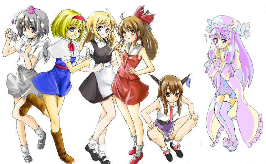 alice_margatroid alternate_hairstyle bad_id bad_pixiv_id casual hakurei_reimu highres ibuki_suika kirisame_marisa legs multiple_girls patchouli_knowledge ponytail scarlet_weather_rhapsody shameimaru_aya touhou yuni_(manyutin)