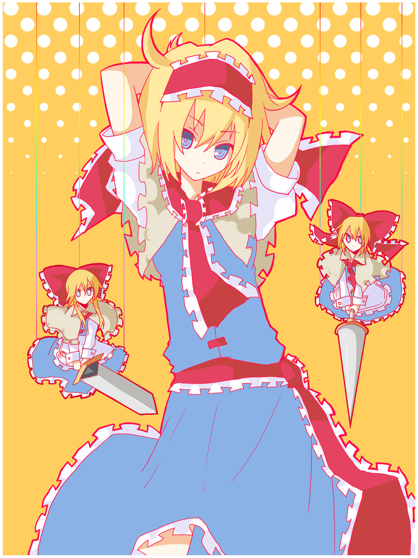alice_margatroid arms_behind_head bad_id bad_pixiv_id blonde_hair blue_eyes bow hair_between_eyes hair_bow hairband highres holding holding_weapon lance looking_at_viewer messy_hair outline polearm puppet puppet_strings red_bow ringed_eyes shadow shanghai_doll shiroshi_(denpa_eshidan) short_hair solo sword touhou weapon yellow_background