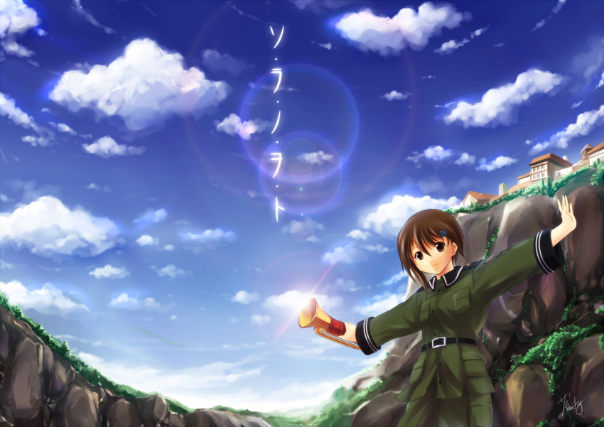 bad_id bad_pixiv_id brown_eyes brown_hair bugle cloud copyright_name day hair_ornament hairclip holding instrument lens_flare military military_uniform outstretched_arms short_hair signature sky smile solo sora_no_woto sorami_kanata spread_arms uniform yukizukihana