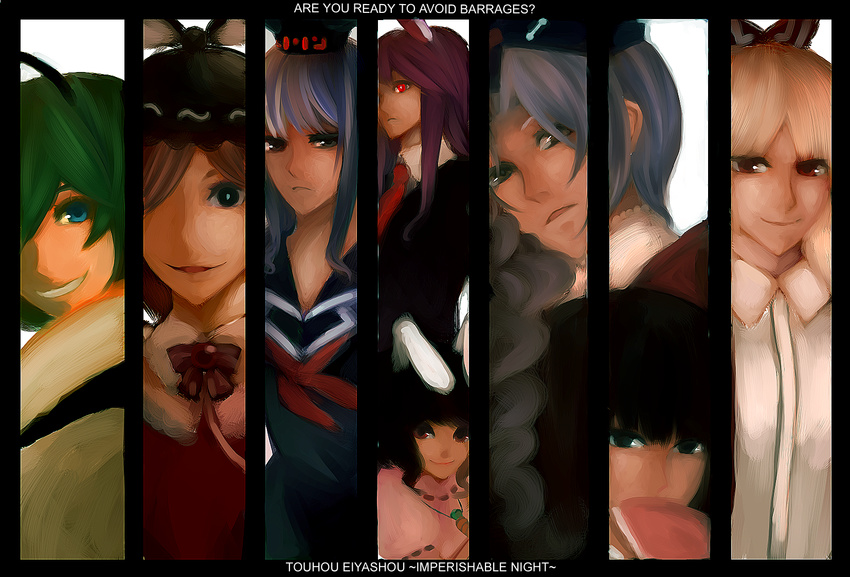 animal_ears bad_id bad_pixiv_id blue_eyes bunny_ears column_lineup english everyone fujiwara_no_mokou green_hair hat highres houraisan_kaguya imperishable_night inaba_tewi kamishirasawa_keine multiple_girls mystia_lorelei red_eyes reisen_udongein_inaba ribbon slvtr smile touhou wriggle_nightbug yagokoro_eirin