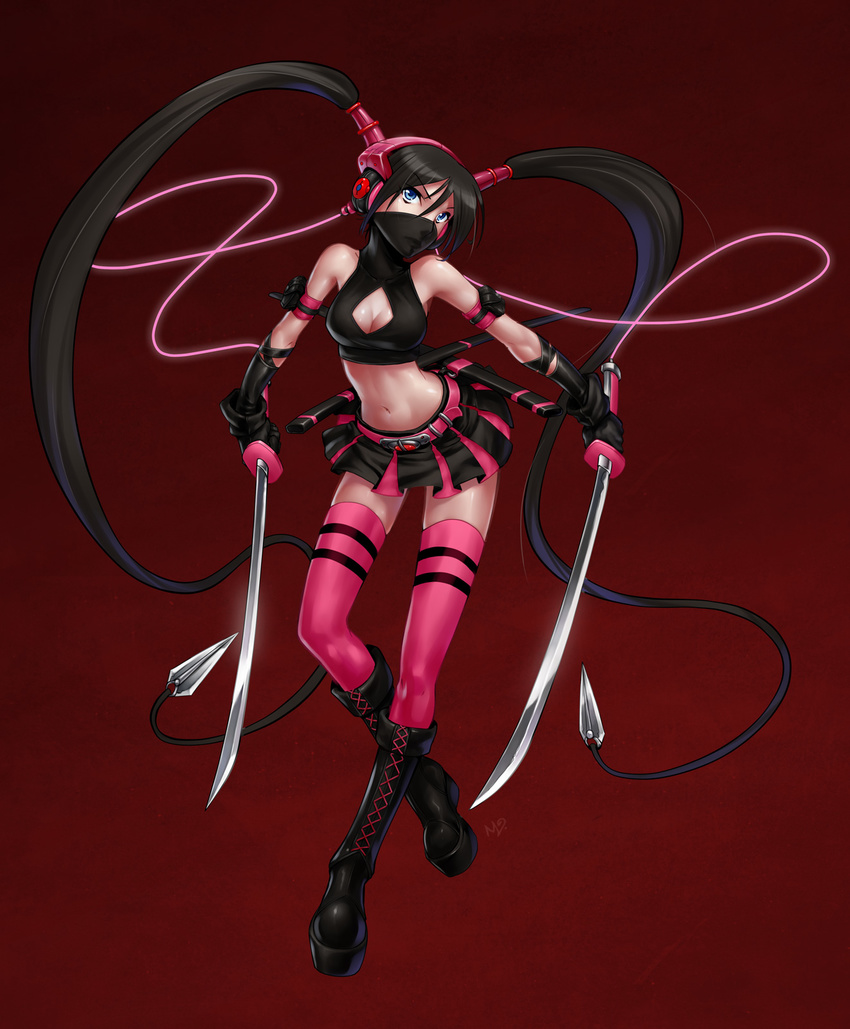 bad_id bad_pixiv_id black_hair blue_eyes boots breasts cable cleavage cleavage_cutout cross-laced_footwear dj_goh-goh dual_wielding full_body gloves highres holding holding_sword holding_weapon legs long_hair medium_breasts midriff ml.e ninja original skirt solo standing sword thighhighs twintails very_long_hair weapon zettai_ryouiki