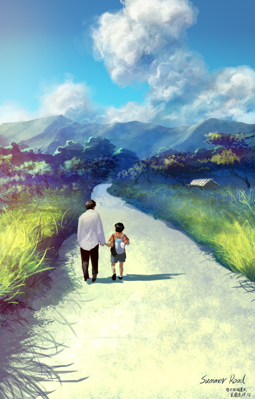 absurdres backpack bag child chinese cloud day grass highres kikujirou_no_natsu male_focus mountain multiple_boys nature pants realistic road shadow shed shoulder_bag sky tree yelansu