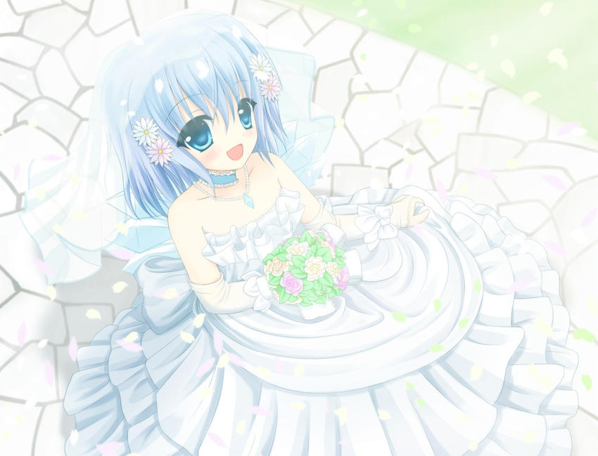 bad_id bad_pixiv_id bare_shoulders blue_eyes blue_hair bouquet bridal_veil bride cirno dress flower hair_ornament shimotsuki_keisuke short_hair solo touhou veil wedding_dress wings